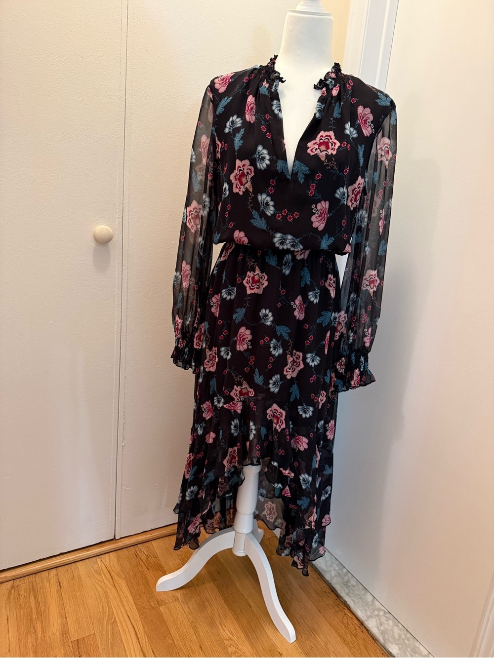 INTERMIX Black High-Low Floral Ruffle Dress